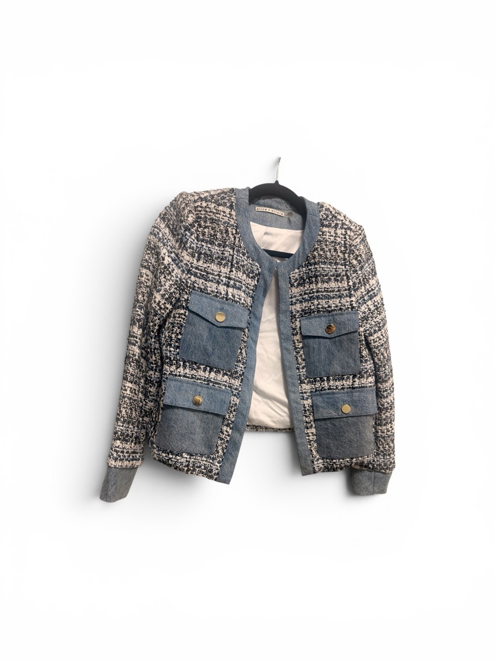 Alice + Olivia Blue Tweed & Denim Jacket Women’s Small